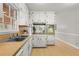 Bright kitchen with wood countertops, white cabinets, and double stainless steel sink at 422 Derbyshire Dr, Stone Mountain, GA 30088