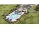 Aerial view of a community pool with lounge chairs and blue umbrellas on a sunny day at 4655 Larkfield Way, Powder Springs, GA 30127