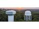 A serene view of two water towers standing tall amidst a lush forest, bathed in the soft glow of the setting sun at 537 Pearl St, Cumming, GA 30040