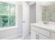 Bathroom with a white vanity, sink, view of the marble shower, and a view to the outdoor trees at 4671 Larkfield Way, Powder Springs, GA 30127