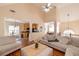 Open-concept living room with vaulted ceiling and hardwood floors seamlessly connects to the kitchen and dining area at 4020 F A A Rd, Cumming, GA 30041
