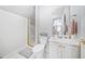 Bathroom featuring a toilet, shower, and sink with cabinet at 332 Williamfalls Dr, Canton, GA 30114