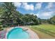 Beautiful pool and green backyard with a view of a tranquil lake at 4233 Sandstone Shores Dr, Stonecrest, GA 30038