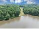 An aerial view of the pond shows a beautiful home nestled among the trees in the distance at 4233 Sandstone Shores Dr, Stonecrest, GA 30038