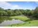 Scenic pond featuring a lush island green, surrounded by mature trees and meticulously maintained landscaping at 117 Lablanc Nw Way, Atlanta, GA 30327