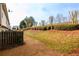 Wide view of a backyard with a small fence and sloping yard with trees, lawn, and trimmed hedges at 1670 Granville Ct, Lawrenceville, GA 30043