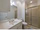 Bathroom featuring a shower stall, vanity with mirror, and white cabinets at 5 Coventry Close, Avondale Estates, GA 30002