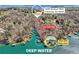 Aerial view showing a home on the lake with a golf cart path leading to a dock with a party deck at 7640 Harbour Walk, Cumming, GA 30041