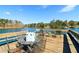 Enjoy outdoor dining on this spacious wooden dock, complete with patio furniture and scenic lake views at 7640 Harbour Walk, Cumming, GA 30041