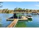 Lake house dock featuring covered boat slips and rooftop deck, perfect for outdoor entertaining and waterfront activities at 7640 Harbour Walk, Cumming, GA 30041