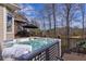 Deck with a relaxing hot tub featuring surrounding wooded views at 3270 New University Trl, Cumming, GA 30041