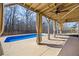 Relaxing outdoor pool area featuring a covered patio, ceiling fans, and curtains for added privacy at 3316 Quarter Horse Ln, Conyers, GA 30013