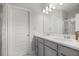 Bathroom featuring double sink vanity with gray cabinets and a glass-enclosed shower at 1800 Morning Glory Ne Ln, Atlanta, GA 30324