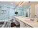 Beautiful bathroom with large glass enclosed walk-in shower and double vanity at 3370 Flagstone Trce, Ellenwood, GA 30294