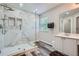 Elegant shower in the main bathroom with a large glass enclosure and double shower heads at 3370 Flagstone Trce, Ellenwood, GA 30294