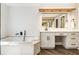 Modern bathroom with a soaking tub, spacious vanity, and contemporary wood accents at 111 Paces Run, Atlanta, GA 30339