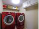 Convenient laundry room featuring modern red washer and dryer at 4570 Nantucket Sw Dr, Lilburn, GA 30047