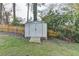Backyard features a storage shed and privacy fence surrounded by mature trees and greenery at 4087 Signal Rdg, Lilburn, GA 30047