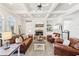 Cozy living room with coffered ceilings, hardwood floors, a fireplace, and large windows for bright, natural light at 3530 Horizon Ct, Cumming, GA 30041