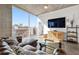 Comfortable living room featuring a leather sofa, wood floors, entertainment center, and city views at 400 W Peachtree Nw St # 2011, Atlanta, GA 30308