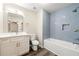 Bathroom featuring a vanity with white countertop, toilet and tub with blue tiled wall at 2300 Newport Lndg, Alpharetta, GA 30009