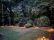 Landscaped backyard featuring accent lighting and mature trees at 370 Fairleaf Ct, Alpharetta, GA 30022