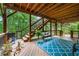 Covered porch with stairs, wooden ceiling, and blue outdoor rug at 370 Fairleaf Ct, Alpharetta, GA 30022
