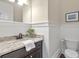 Powder room with stylish vanity, granite countertop and paneled walls at 3207 Kensington Rd, Avondale Estates, GA 30002