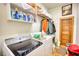 Functional laundry room with modern washer and dryer, ample storage, and a wooden door at 5642 N Highway 212, Covington, GA 30016