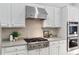 Stainless steel gas range and Viking range hood are complimented by double ovens and white cabinets at 3311 Fieldwood Se Dr, Smyrna, GA 30080