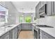 Modern kitchen featuring stainless steel appliances, gray cabinets and view to the backyard at 609 Old Wheat Ne St, Atlanta, GA 30312