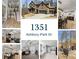 Real estate listing featuring address, front exterior, kitchen, living room, primary bedroom, primary bath, backyard fire pit, and foyer at 1351 Ashbury Park Dr, Hoschton, GA 30548