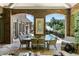 Covered patio with a dining table overlooking backyard pool and lush greenery creates a relaxing outdoor atmosphere at 4520 Garmon Nw Rd, Atlanta, GA 30327