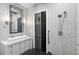 Stylish bathroom showcasing modern vanity and fixtures, geometric tile, and glass enclosed shower at 3630 Peachtree Ne Rd # 3302, Atlanta, GA 30326