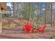 Outdoor deck with a fire pit, red Adirondack chairs, and views of the wooded backyard at 3916 Loch Highland Ne Pass, Roswell, GA 30075