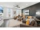 Stylish living room with hardwood floors, a gray sectional, and a modern accent wall at 531 Burton Dr, Alpharetta, GA 30009