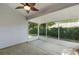 A covered porch with concrete floors and screened walls offers views of the backyard at 310 Tuggle Court, Woodstock, GA 30188