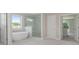 Bright bathroom featuring a soaking tub, glass-enclosed shower, and marble flooring at 3312 Steeple Chase Sw Way, Conyers, GA 30094