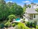 Aerial view of backyard with swimming pool, patio and lush landscaping at 510 Covington Cv, Alpharetta, GA 30022