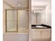 Bright bathroom featuring a black granite countertop, vanity, and a bathtub with a gold trimmed sliding glass door at 3871 River Mansion Dr, Peachtree Corners, GA 30096