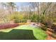 Landscaped backyard with plush green lawn, fire pit, and stone seating area, perfect for outdoor relaxation at 152 Park Dr, Decatur, GA 30030