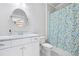Bright bathroom featuring white cabinets, a marble countertop, and a blue and green shower curtain at 152 Park Dr, Decatur, GA 30030