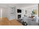 Bright living room with a fireplace, built-in shelves, and hardwood floors at 1325 Peachtree Ne St # 402, Atlanta, GA 30309