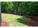 Backyard with lush green lawn and mature trees, offering serene privacy at 350 Newcastle Dr, Alpharetta, GA 30009