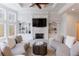 Sunken living room with coffered ceiling, fireplace, built-ins and large curved windows at 350 Newcastle Dr, Alpharetta, GA 30009
