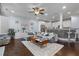 Open-concept living area featuring hardwood floors, modern decor, and a breakfast bar to the kitchen at 7630 Glisten Ave # 304, Atlanta, GA 30328