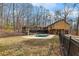 Aerial view of home with pool and gazebo surrounded by trees, yard and an iron fence at 935 Pine Grove Pointe Dr, Roswell, GA 30075