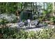 Charming backyard shed with seating area nestled among lush greenery and garden at 4323 E Durham Cir, Stone Mountain, GA 30083