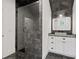 Elegant bathroom with walk-in shower, modern vanity, and hexagon tile flooring at 441 Pumpkinvine Rd, Acworth, GA 30101