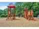 Community playground with wooden structures, swing set, slide, and mulch ground cover at 325 Stonecastle Pass, South Fulton, GA 30331